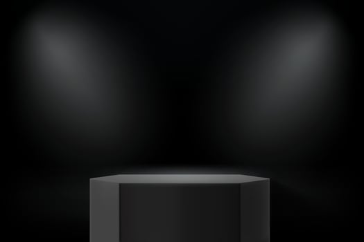 Dark studio with black podium and projectors. 3d vector