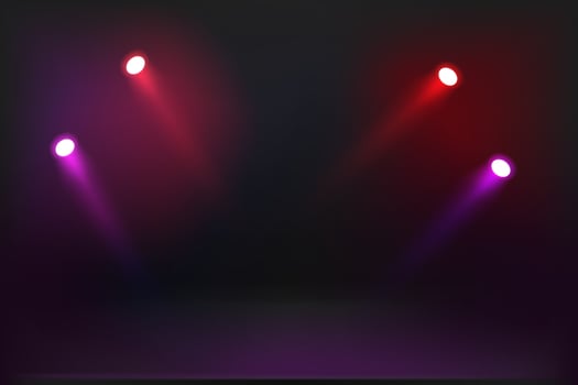 Dark stage illuminated with color projectors. illustration vector
