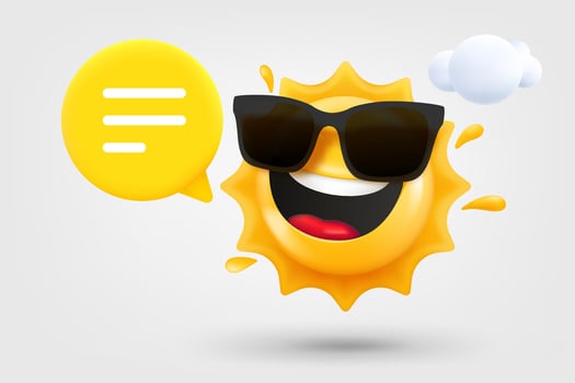 Happy sun emoji with speech bubble. 3d illustration vector