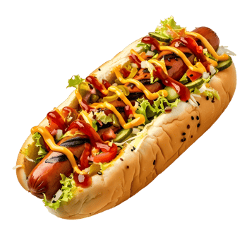 Delicious fast food lunch with hot dog fresh bun and toppings png