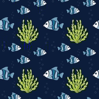 Sea bottom pattern with blue fish and green algae on dark blue background, seamless marine pattern. vector