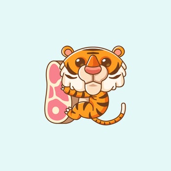 Cute tiger hug meat hanging kawaii chibi character mascot illustration outline style vector