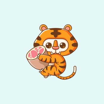 Cute tiger hug meat hanging kawaii chibi character mascot illustration outline style vector