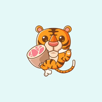 Cute tiger hug meat hanging kawaii chibi character mascot illustration outline style vector