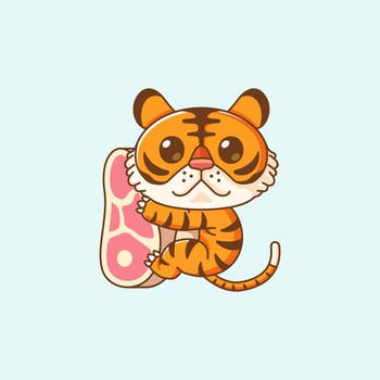 Cute tiger hug meat hanging kawaii chibi character mascot illustration outline style vector