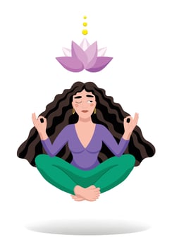 Meditation. Yogi girl meditates on a white background with lotus vector