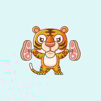 Cute tiger lifting meat barbel food kawaii chibi character mascot illustration outline style design vector