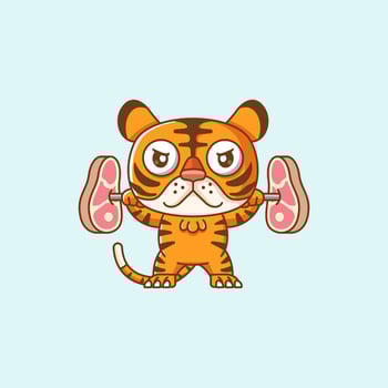 Cute tiger lifting meat barbel food kawaii chibi character mascot illustration outline style design vector