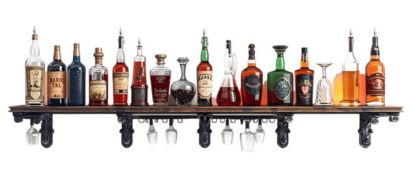 liquor shelf at the back bar, isolated against a transparent background png