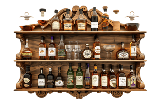 liquor shelf at the back bar, isolated against a transparent background png