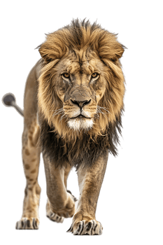 lion, looking fierce as it walks, isolated against a transparent background png
