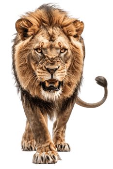 lion, looking fierce as it walks, isolated against a transparent background png