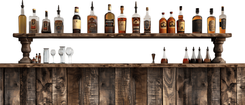 liquor shelf at the back bar, isolated against a transparent background png