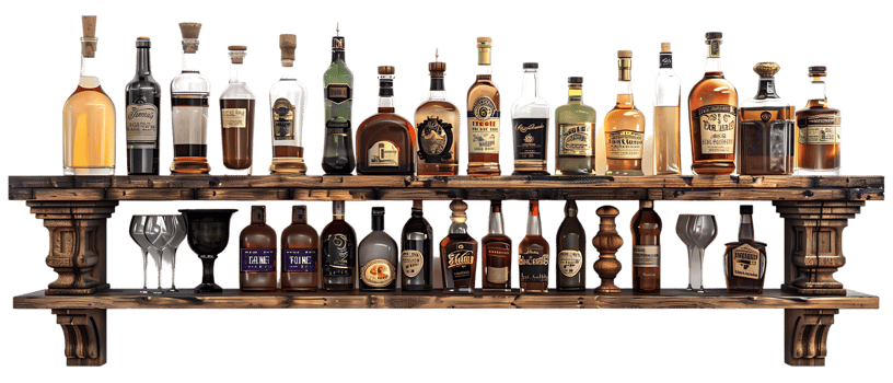 liquor shelf at the back bar, isolated against a transparent background png