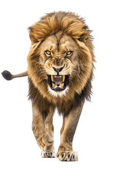 lion, looking fierce as it walks, isolated against a transparent background png