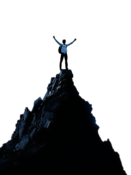 Man triumphantly atop a mountain, symbolizing success png