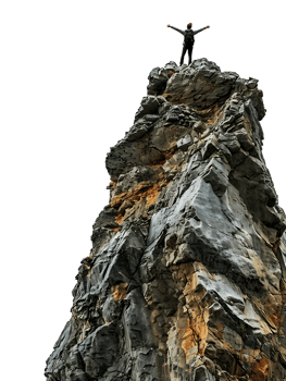 Man triumphantly atop a mountain, symbolizing success png
