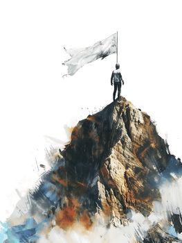 Man atop mountain, holding white flag, isolated against transparent backdrop png