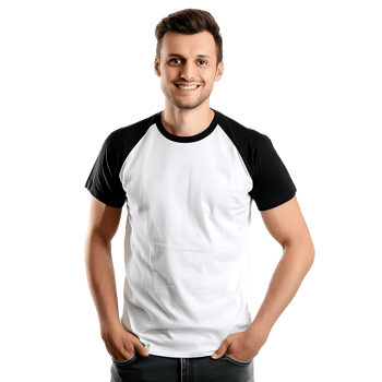 Man wearing a white and black t-shirt for mockup, isolated png