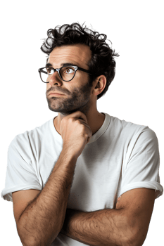 Man with glasses thinking, isolated against a transparent background png