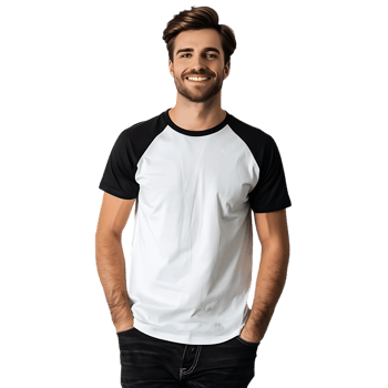 Man wearing a white and black t-shirt for mockup, isolated png