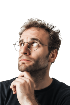 Man with glasses thinking, isolated against a transparent background png