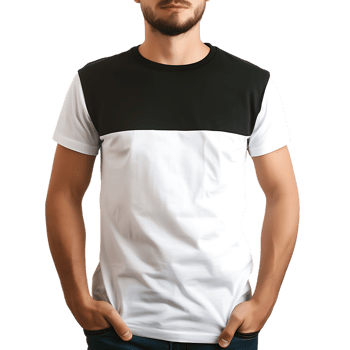 Man wearing a white and black t-shirt for mockup, isolated png