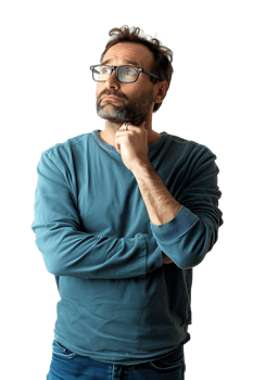 Man with glasses thinking, isolated against a transparent background png