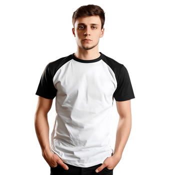 Man wearing a white and black t-shirt for mockup, isolated png