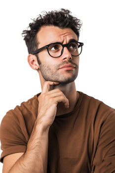 Man with glasses thinking, isolated against a transparent background png
