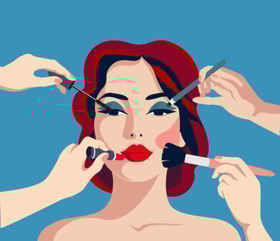 Many hands doing glamour make up for young woman. Facial improvement products to be fake and attractive woman. Cosmetology stylist occupation scene vector