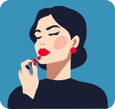 Beautiful woman paints her lips with bright red lipstick. The girl is using cosmetics. Bright lip make-up. Makeup, fashion and style art. Cosmetic concept vector