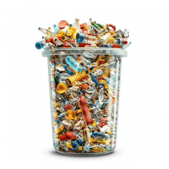 a glass container filled with various plastic items on transparent background png