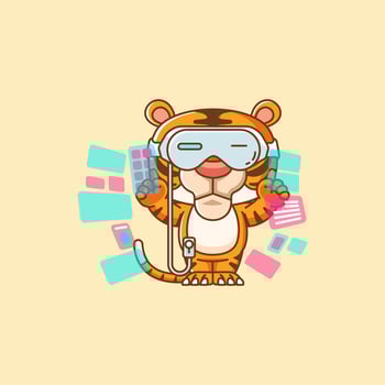 Cute tiger interact virtual reality glasses vr kawaii chibi character mascot illustration outline style design vector