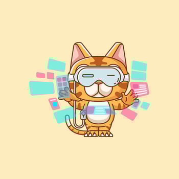Cute cat interact virtual reality glasses vr kawaii chibi character mascot illustration outline style design vector
