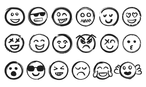 Grunge ink emoji faces collection vector