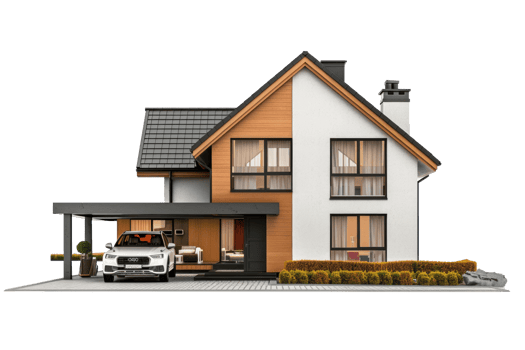 modern house with car on the driveway on transparent background png