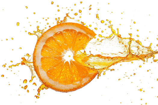 Orange slice with juice splash, isolated against transparent background png