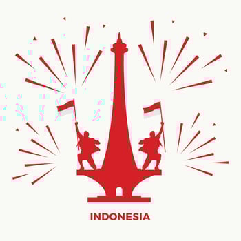 Silhouette of Two Men Holding Indonesian Flag Standing on National Monument with Fireworks - Independence Day Background vector