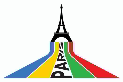 Colored Olympic Games rainbow lines flag converge in Eiffel Tower vector