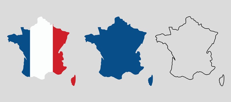 Map of France in color of National Flag. Silhouette of Country isolated on white background vector