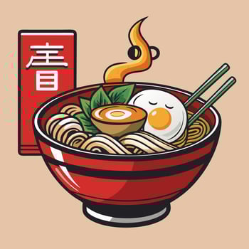 A mug noodle pasta with yellow steam japanesse style, flat illustration world noodle day vector