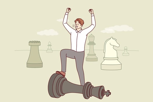 Man business strategist celebrates victory over competitor located on giant chessboard. vector
