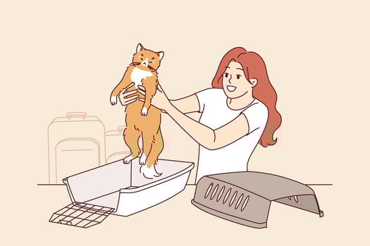 Animal cage for traveling with cat, near woman preparing pet for trip to airport vector