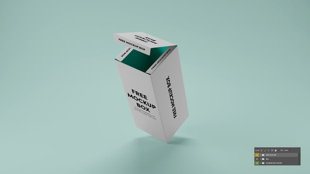 a 3D box with a white label on it and green background psd