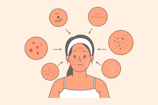 Woman with acne and wrinkles on face or cracks in dry skin needs help of cosmetologist vector