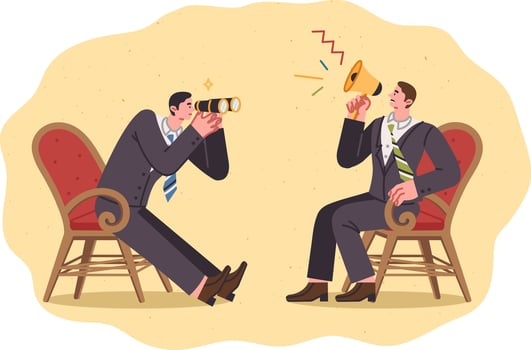 Business negotiations of two men discussing plans, holding binoculars or megaphone in hands vector