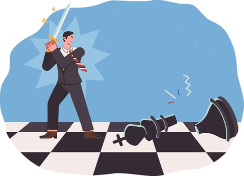 Business man accomplishes feat by defeating strategic competitor and breaking chess piece with sword vector