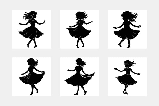 Whimsical little girl dance silhouette white background artwork set vector