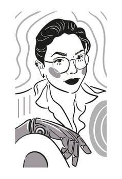 Stylized portrait depicting a person with technological visual effects and artistic elements, innovation. Bionic hand. Prosthesis, inclusivity vector